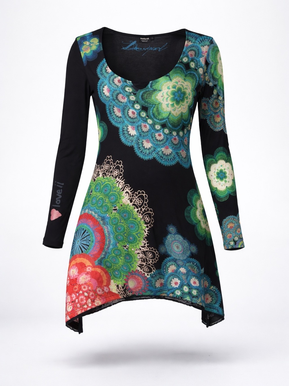 Desigual Black Tunic with Green Teal and Coral Mandala Prints